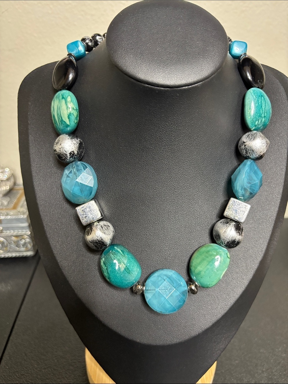 Turquoise & Aqua Mixed Acrylic Bead Statement Necklace - Women Jewelry